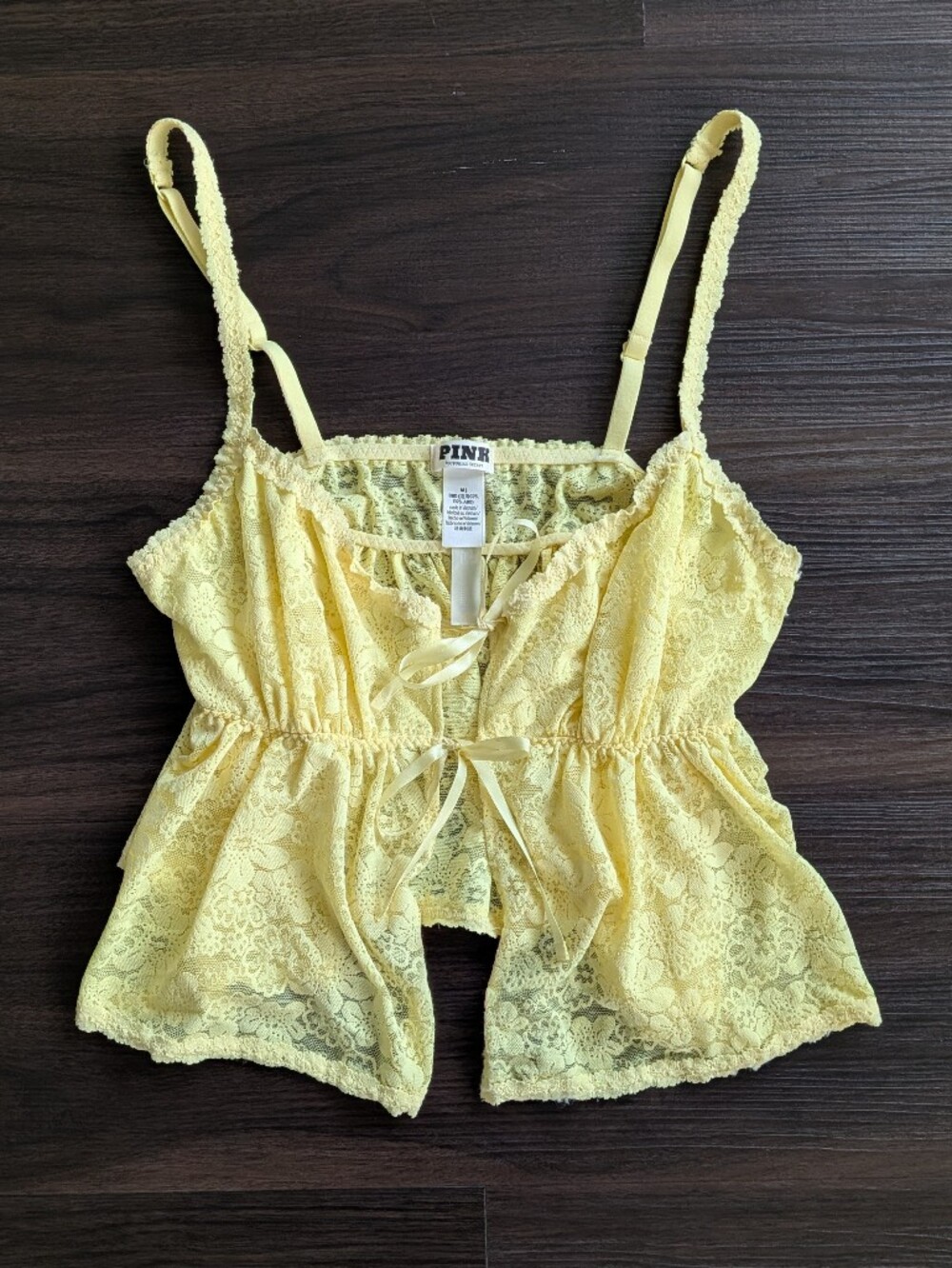 PINK Victoria's Secret Butter Yellow Lace Front Tie Babydoll Romantic Top Medium